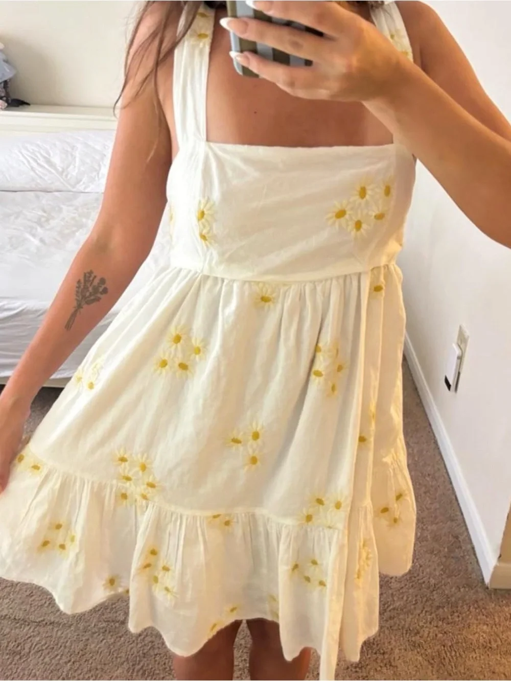Urban Outfitters White Mini Dress with Yellow Floral Embroidery